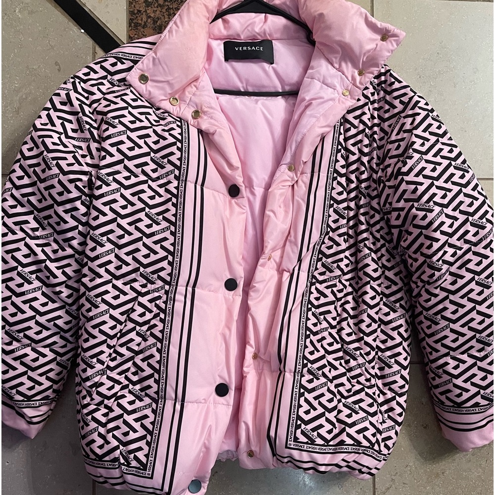 Pink and black Versace puffer coat